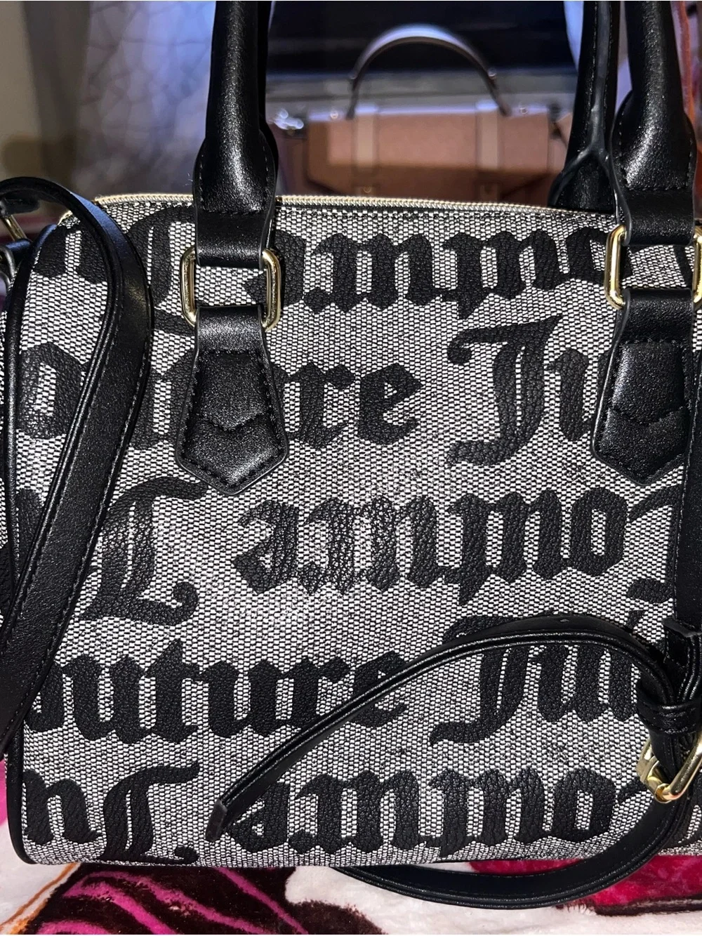 Juicy Couture Black Logo Canvas Satchel with Hot Pink Heart Charm